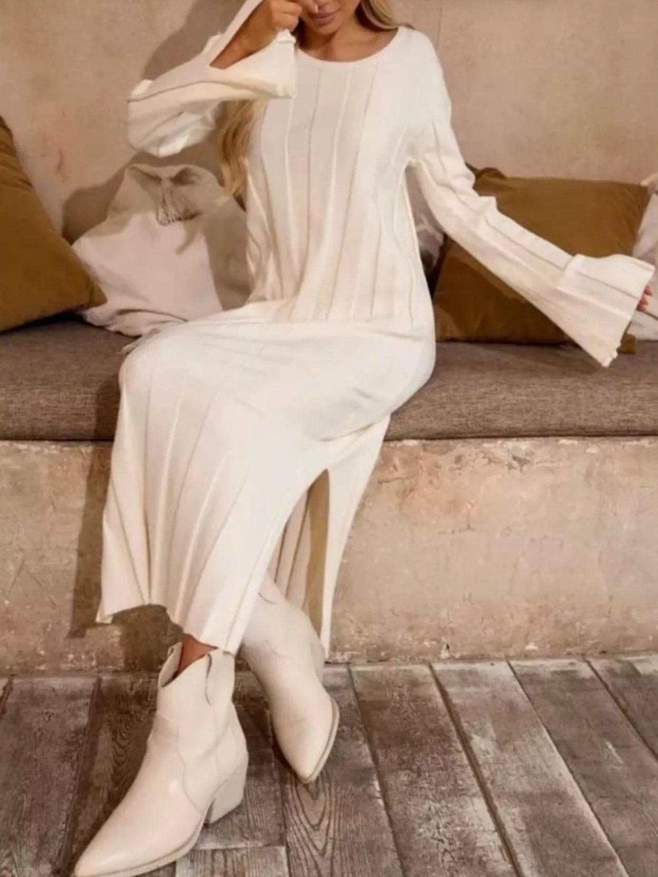 Ribbed Knit Slit Sweater Dress White / S