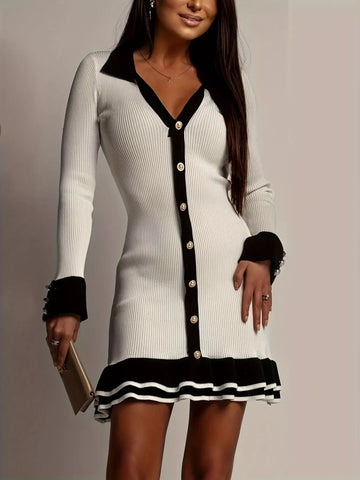 Ribbed Knit Sweater Dress for Women Black And White / S