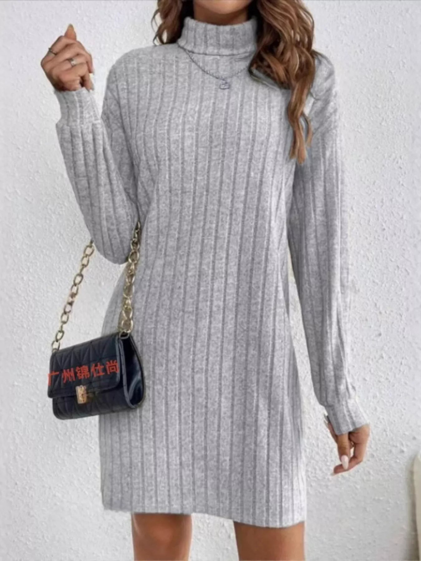 Ribbed Knit Turtleneck Mini Dress