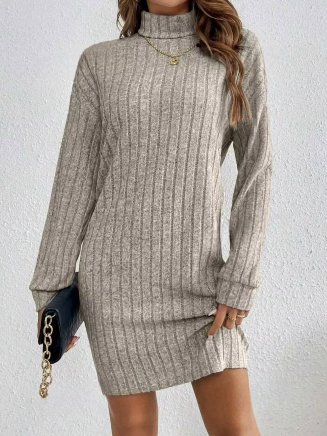 Ribbed Knit Turtleneck Mini Dress Apricot / S