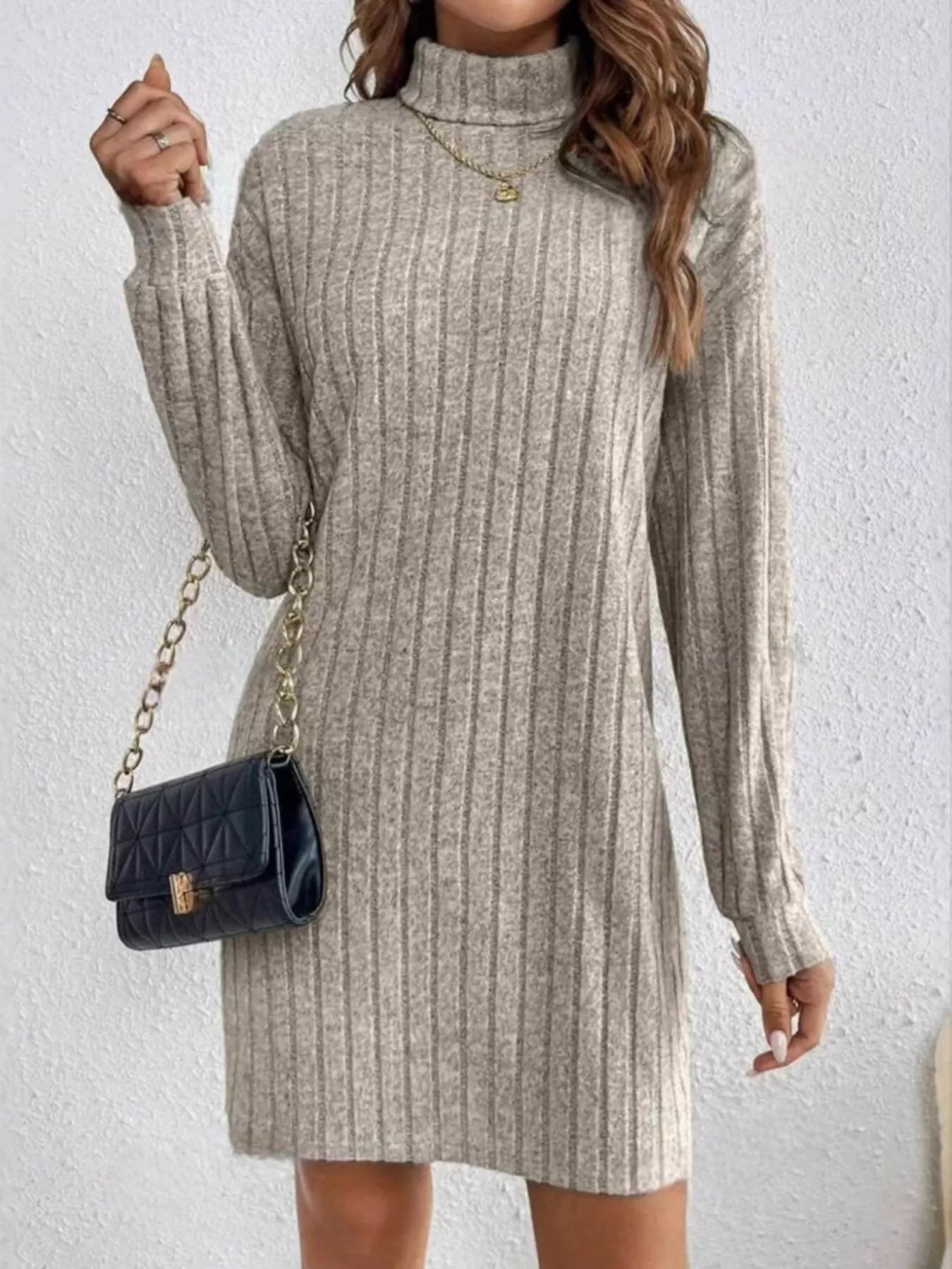 Ribbed Knit Turtleneck Mini Dress Apricot / S