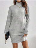 Ribbed Knit Turtleneck Mini Dress Light Gray / S