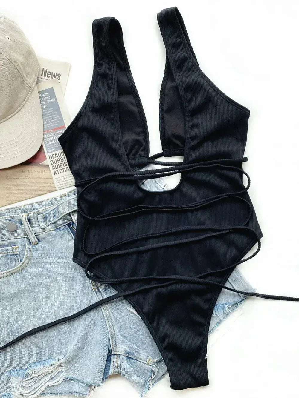 Ribbed Lace-Up One Piece Swimsuit