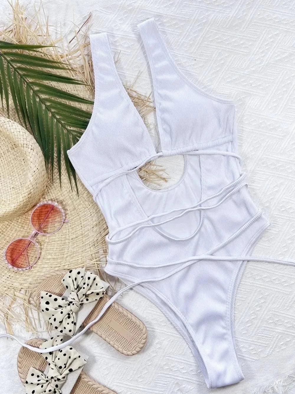 Ribbed Lace-Up One Piece Swimsuit White / S