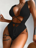 Ribbed Lace-Up One Piece Swimsuit Black / S