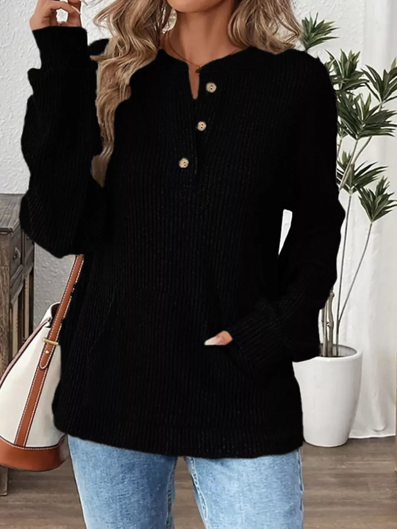 Ribbed Long Sleeve Top for Women Black / S
