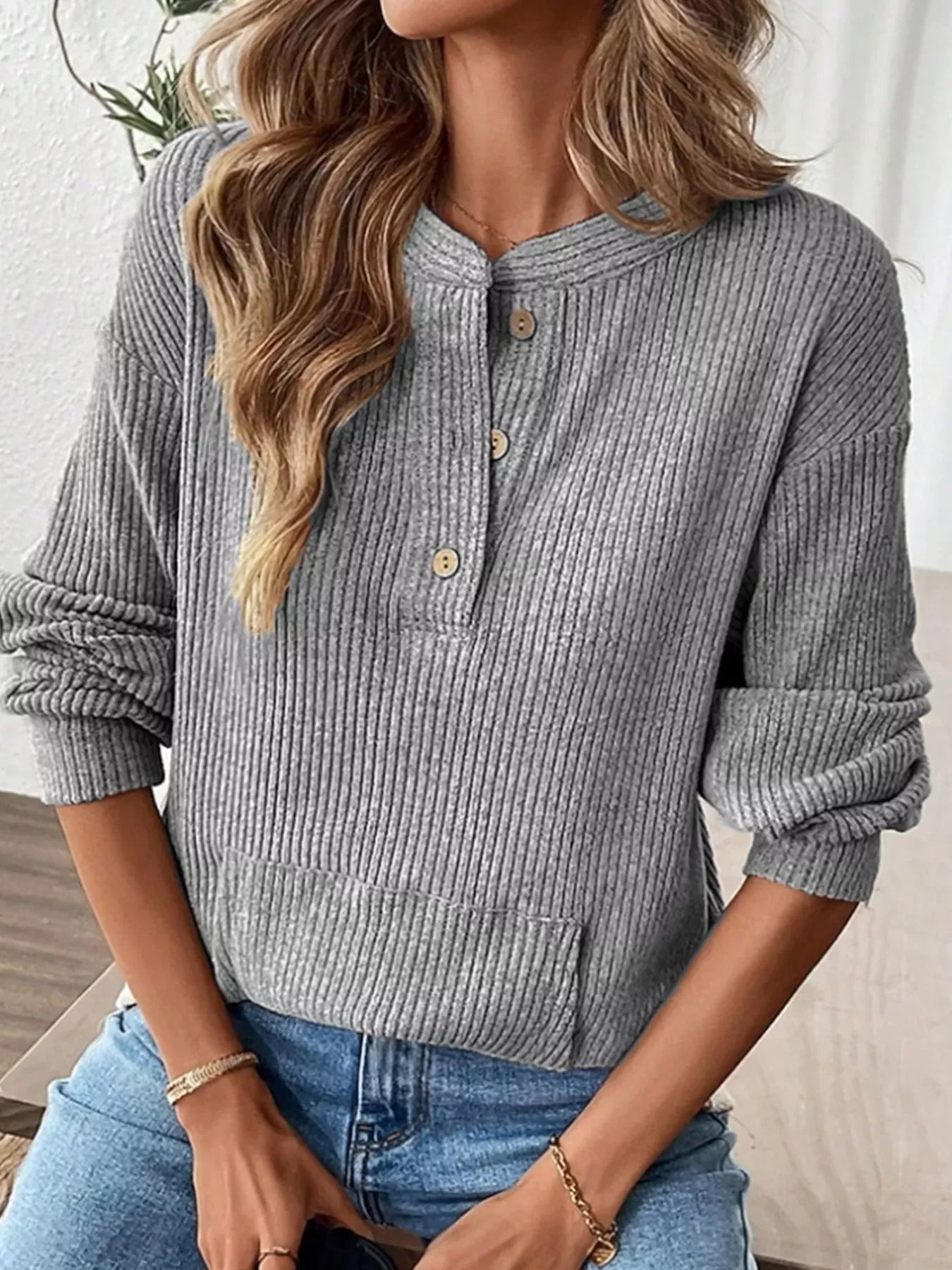 Ribbed Long Sleeve Top for Women Gray / S