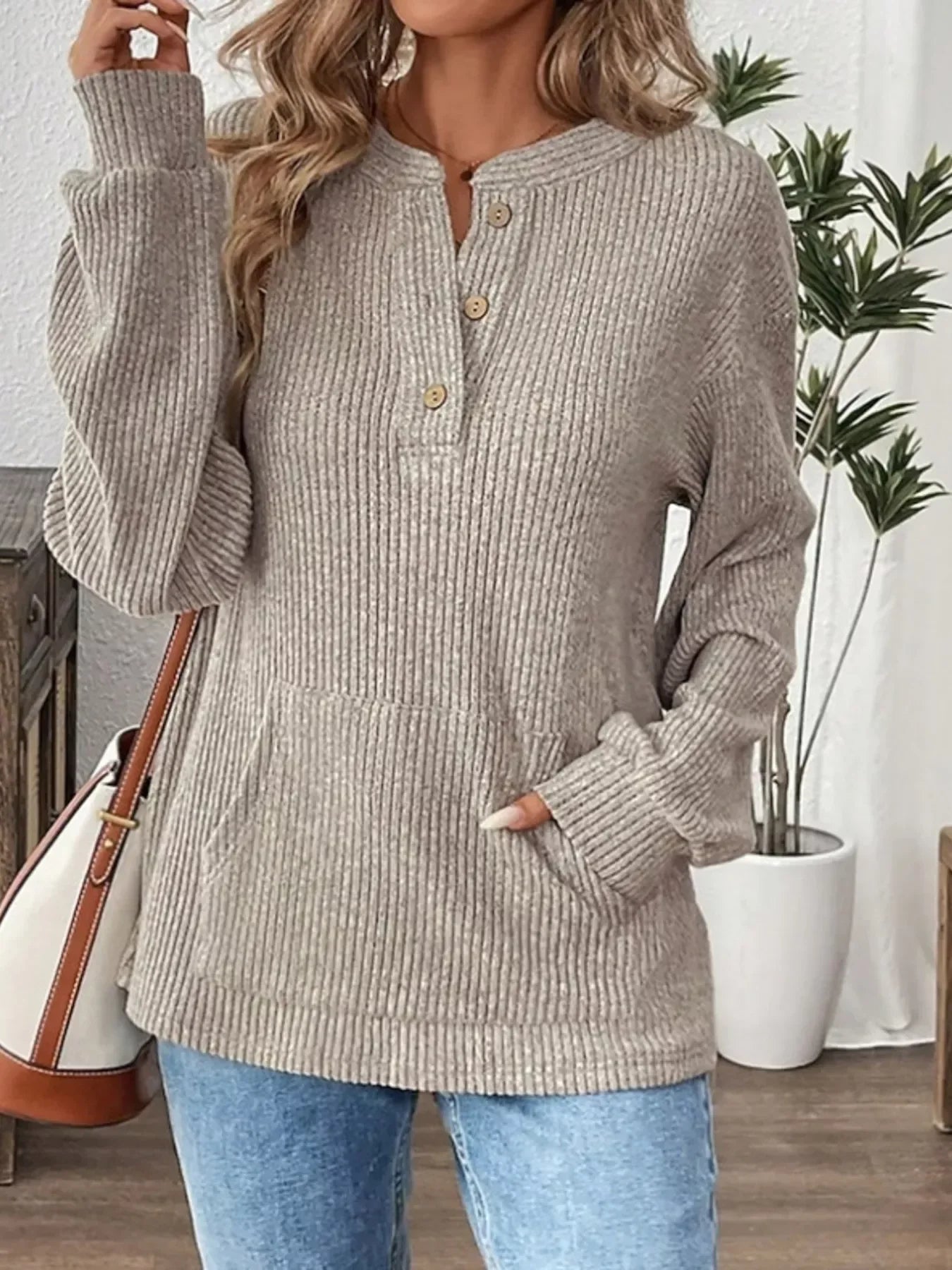 Ribbed Long Sleeve Top for Women Khaki / S