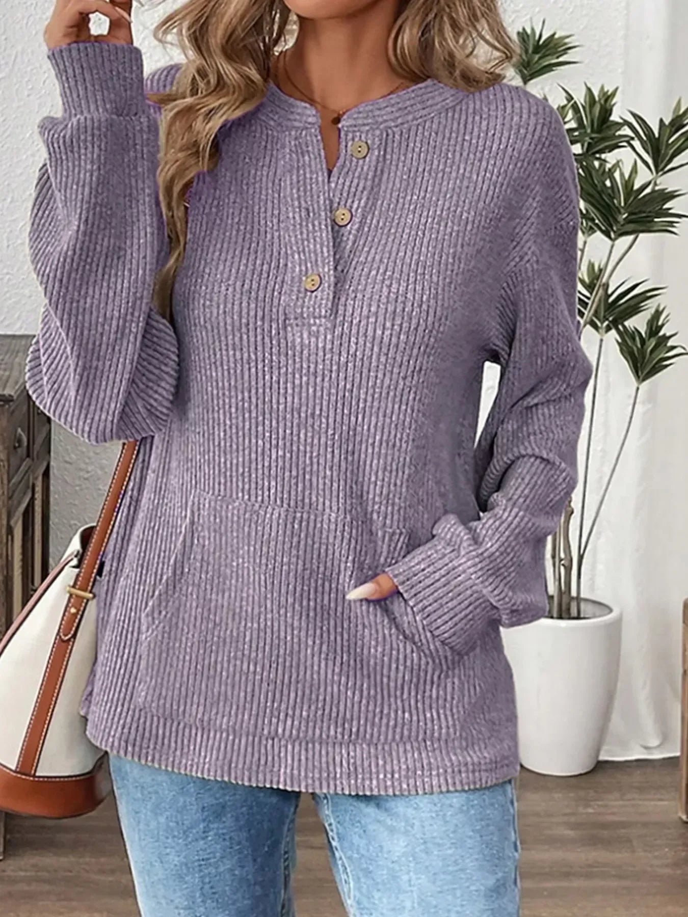 Ribbed Long Sleeve Top for Women Lavender / S