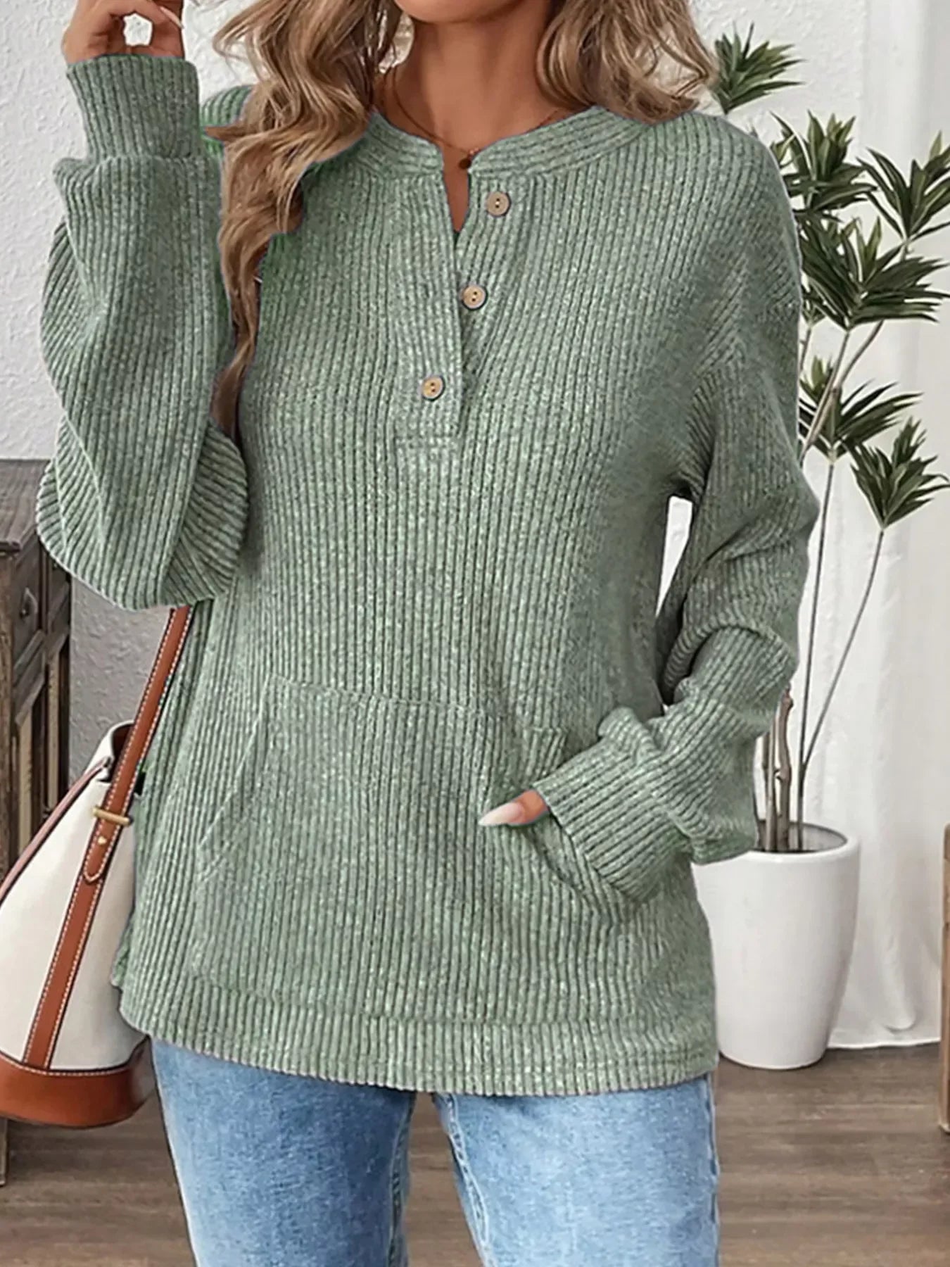 Ribbed Long Sleeve Top for Women Light Green / S