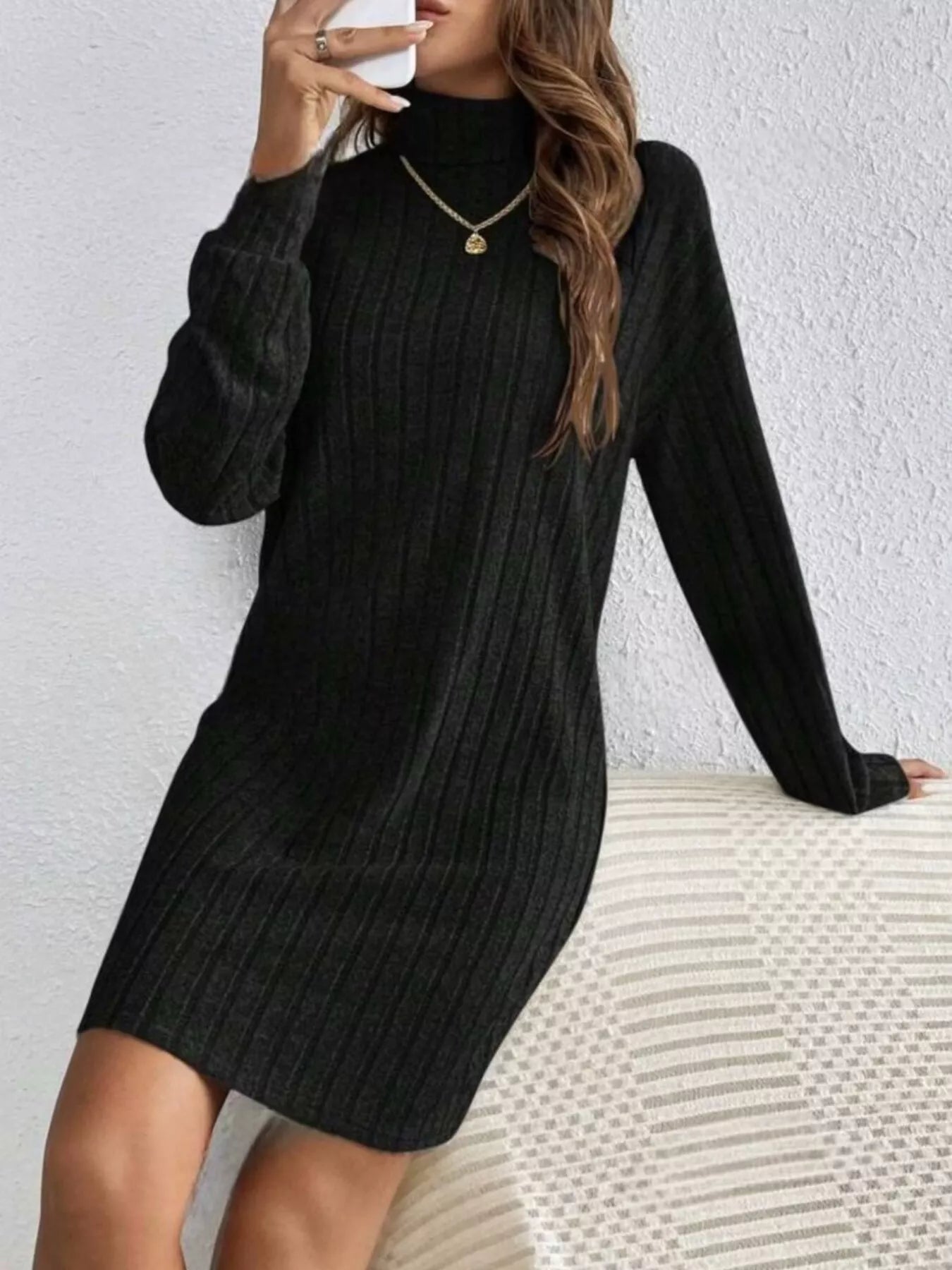 Ribbed Knit Turtleneck Mini Dress
