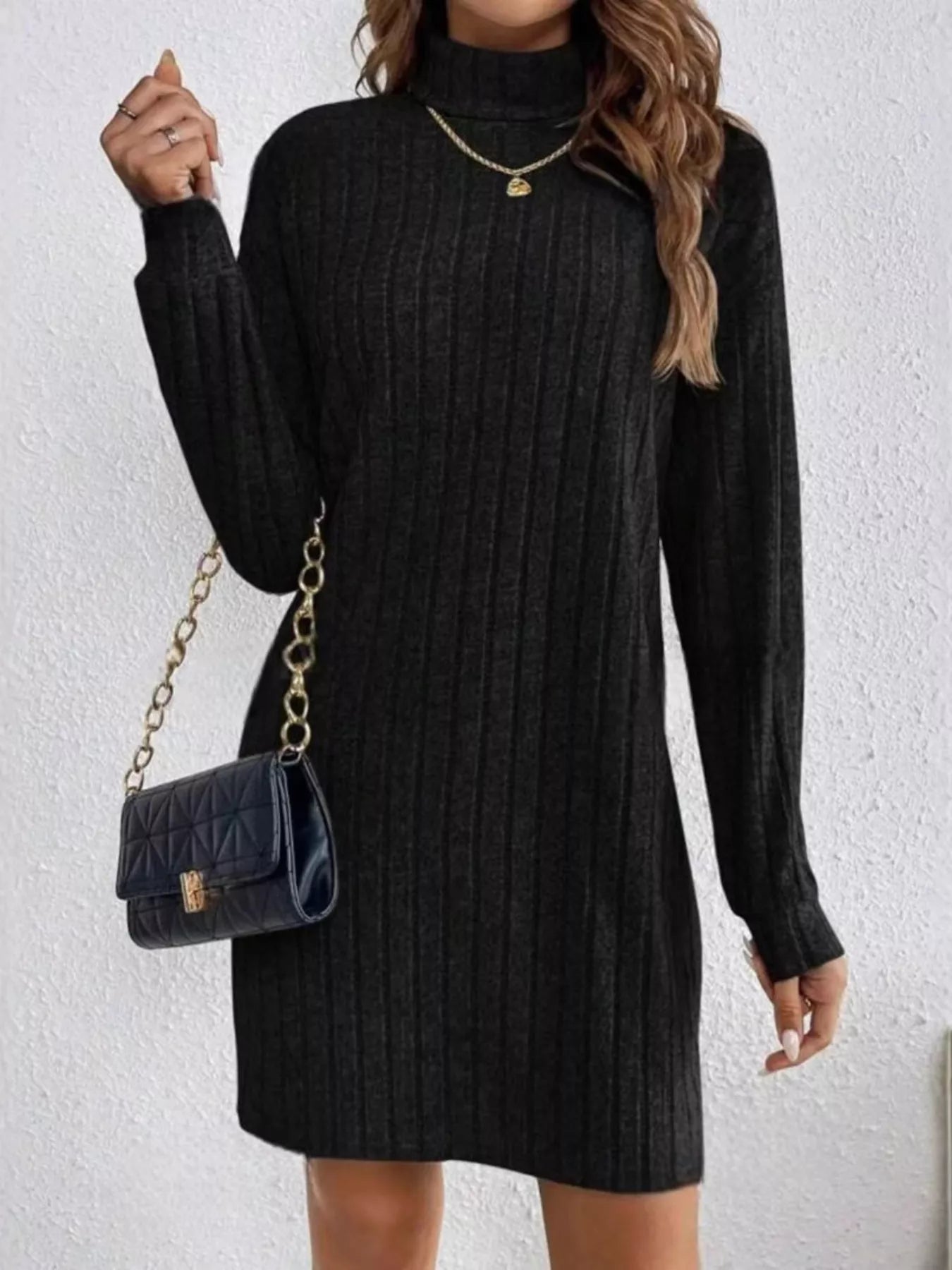 Ribbed Knit Turtleneck Mini Dress Black / S