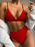 Ribbed Spaghetti Strap Bikini Deep Red / S
