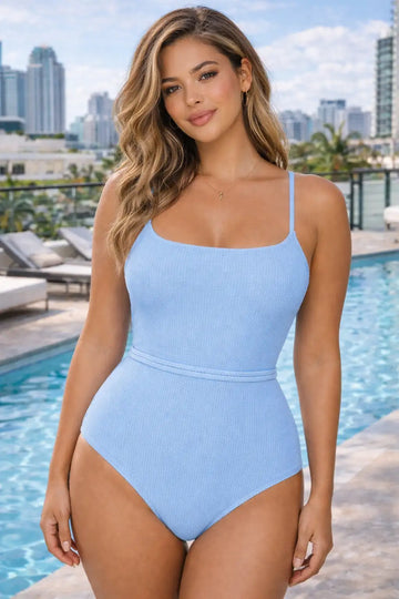 Ribbed Tie Waist One-Piece Swimsuit Sky Blue / S