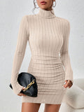 Ribbed Turtleneck Bodycon Mini Dress Apricot / S