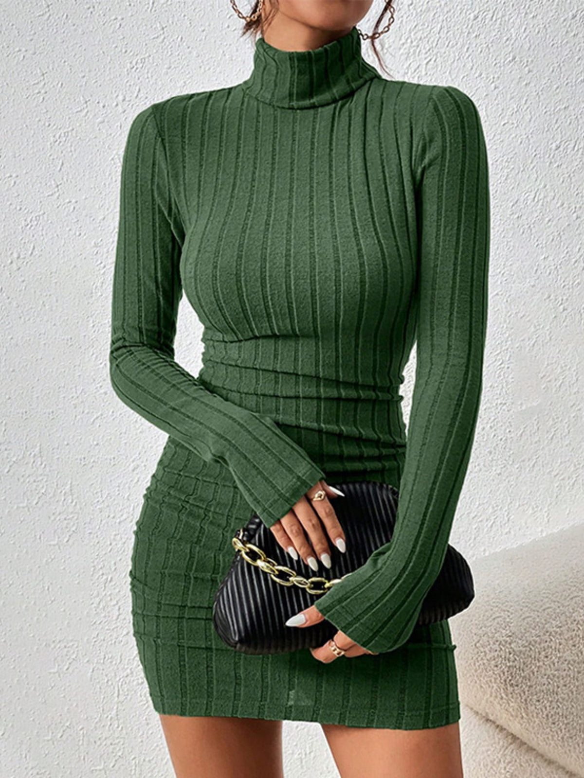 Ribbed Turtleneck Bodycon Mini Dress Green / S