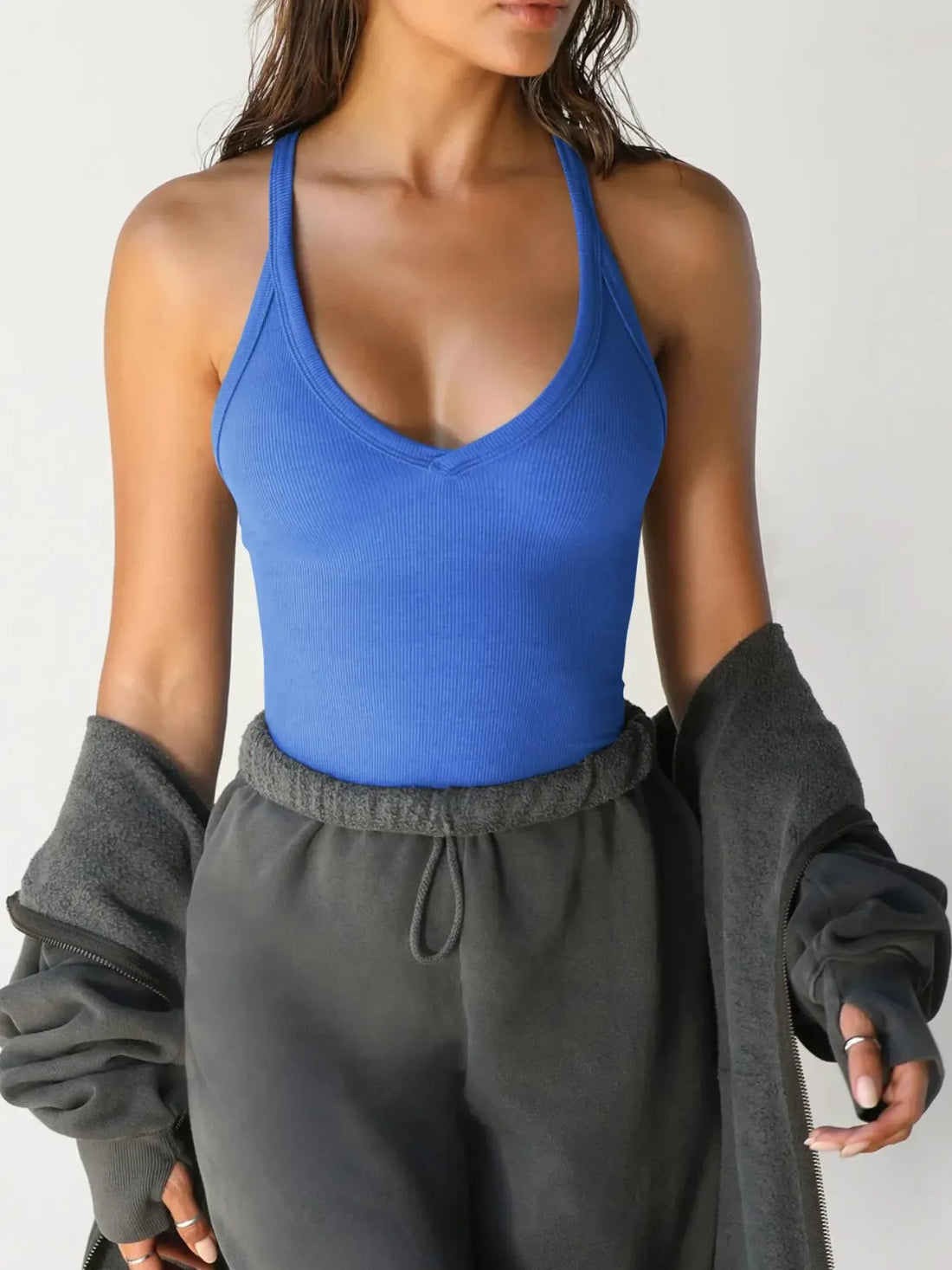 Ribbed V-Neck Halter Tank Top Blue / XS