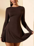 Round Neck Long Sleeve Mini Dress Brown / XS