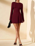 Round Neck Long Sleeve Mini Dress Burgundy / XS