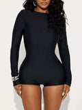 Round Neck Long Sleeve Romper Black / S