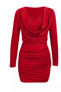 Ruched Cowl Neck Long Sleeve Mini Dress