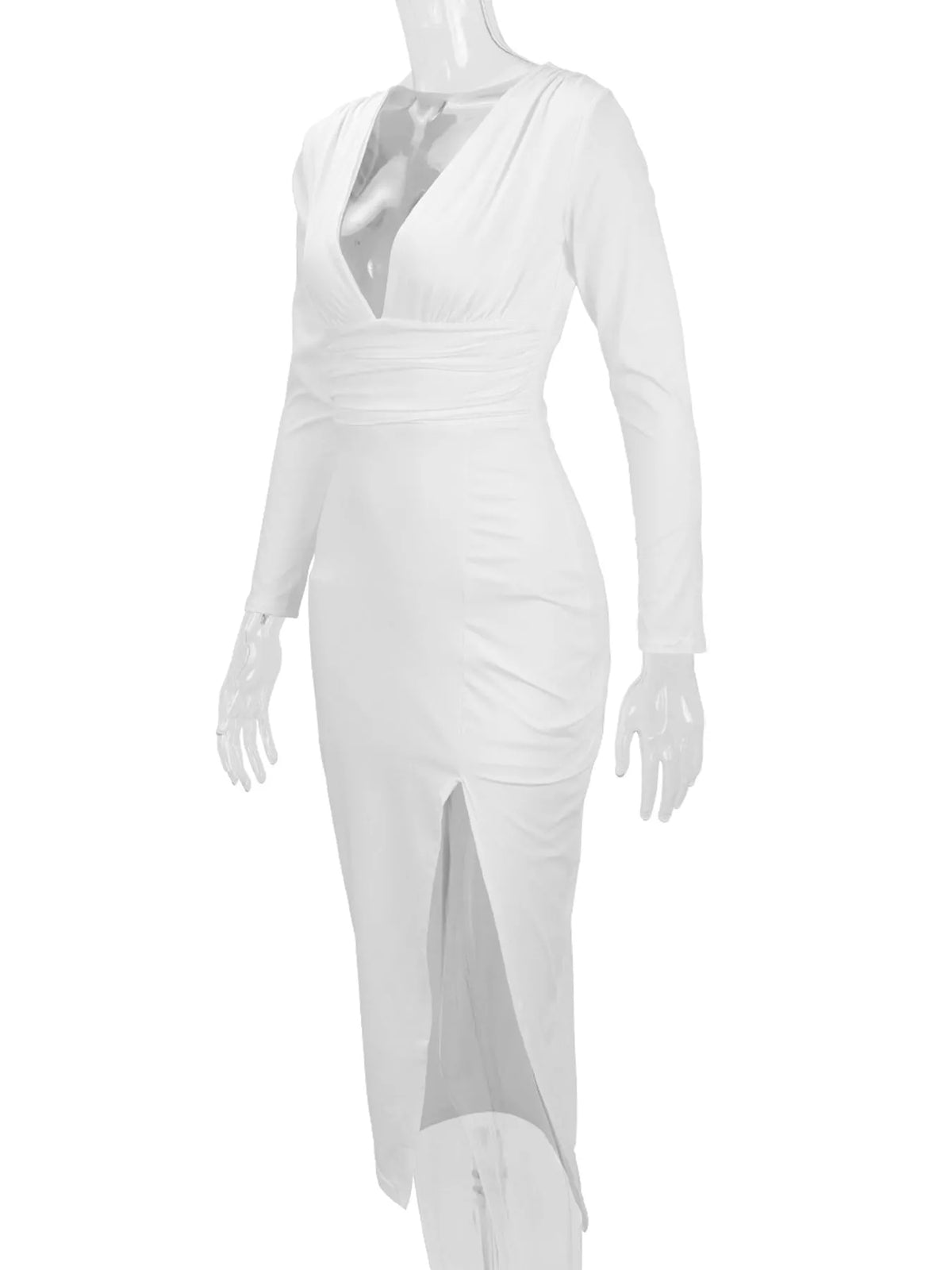 Long-Sleeve Plunge Ruched High-Slit Midi Dress