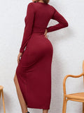Long-Sleeve Plunge Ruched High-Slit Midi Dress