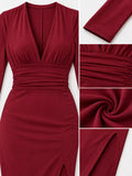 Long-Sleeve Plunge Ruched High-Slit Midi Dress