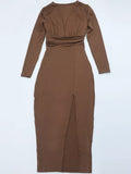 Long-Sleeve Plunge Ruched High-Slit Midi Dress