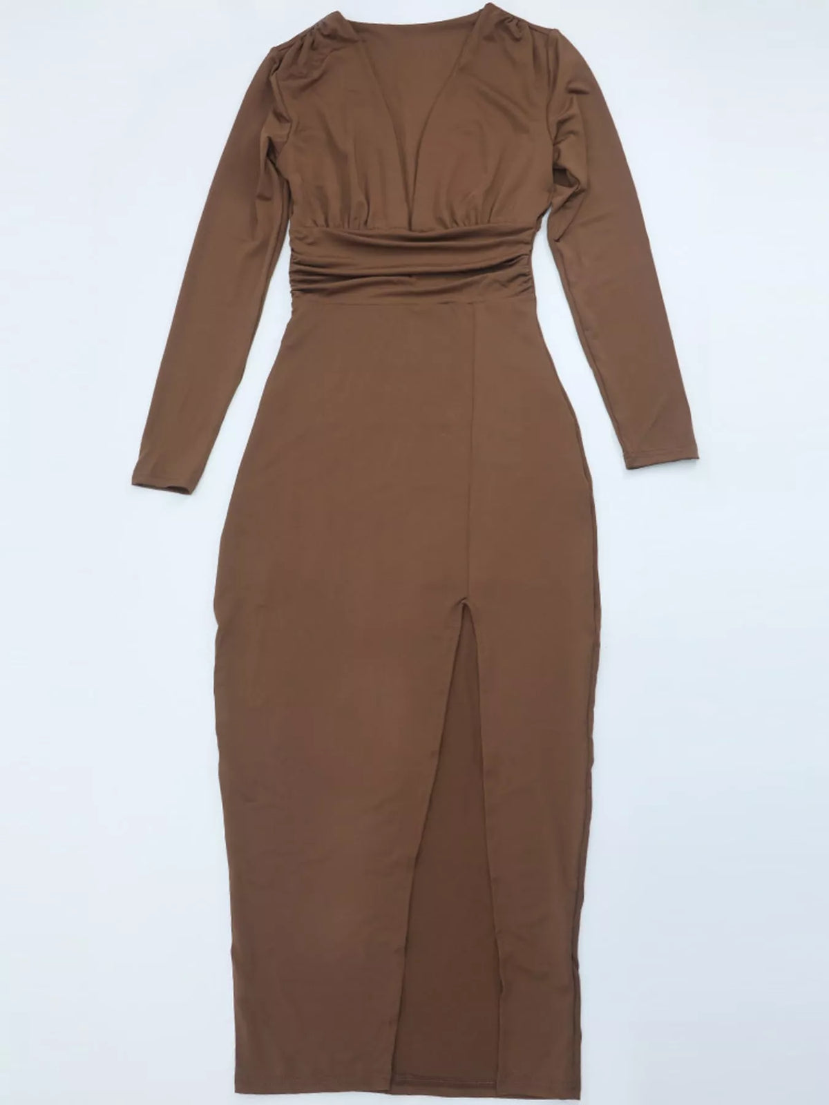 Long-Sleeve Plunge Ruched High-Slit Midi Dress