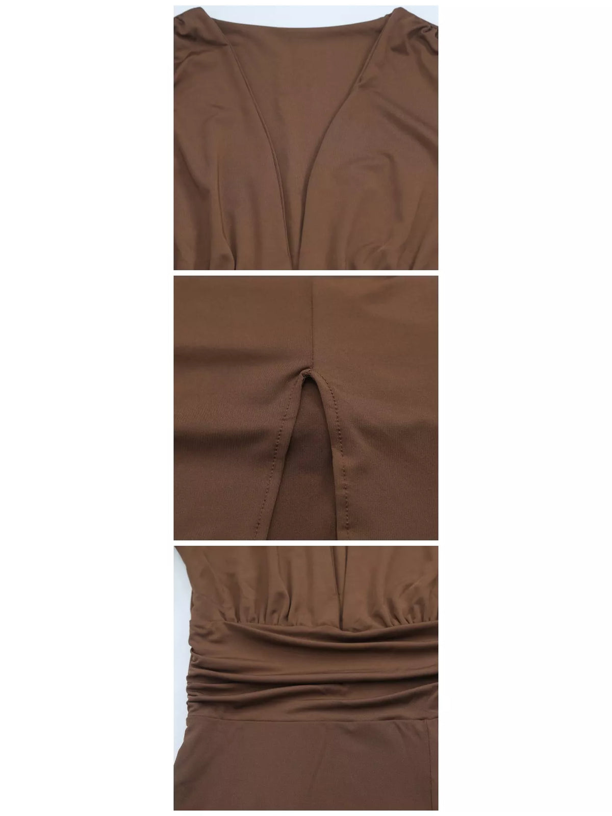 Long-Sleeve Plunge Ruched High-Slit Midi Dress