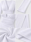 Long-Sleeve Plunge Ruched High-Slit Midi Dress