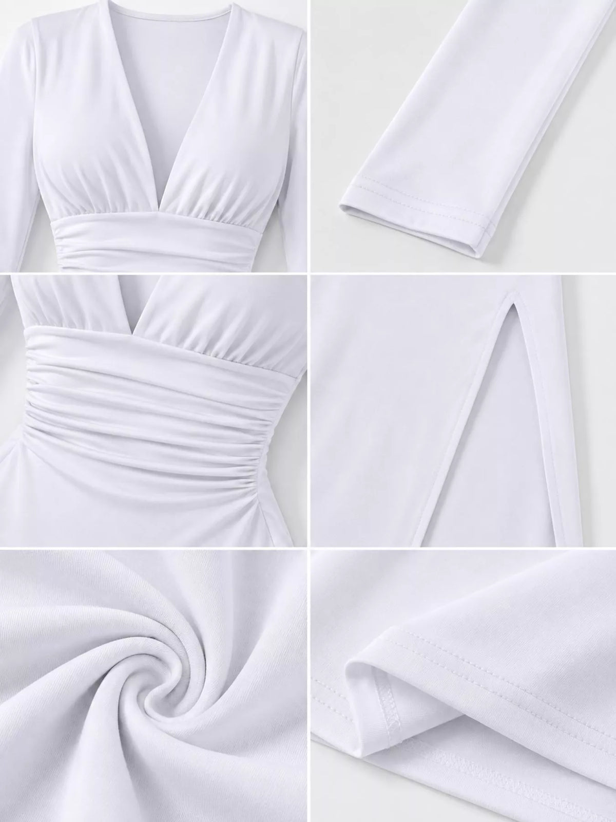 Long-Sleeve Plunge Ruched High-Slit Midi Dress