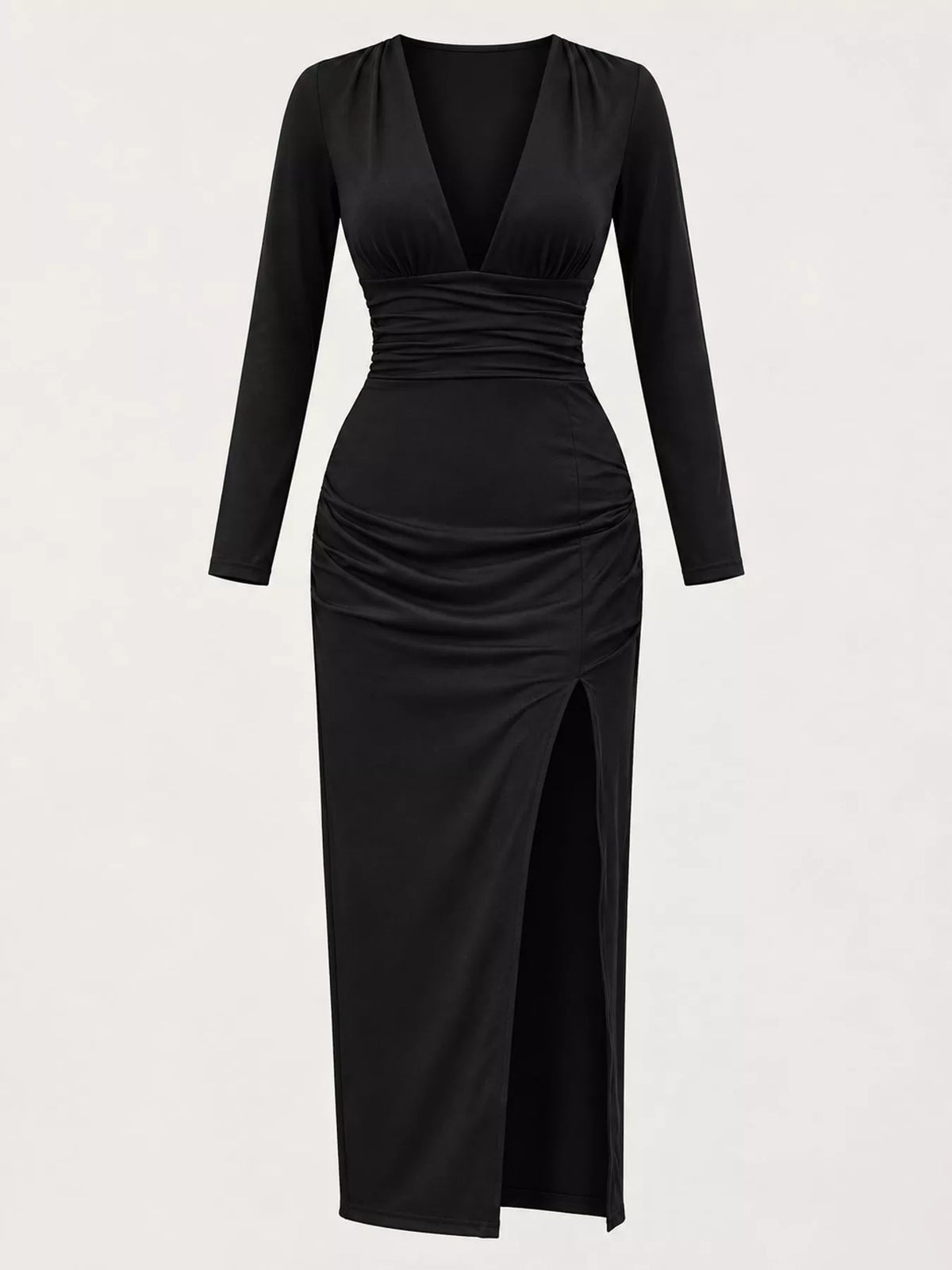 Long-Sleeve Plunge Ruched High-Slit Midi Dress