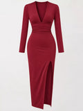 Long-Sleeve Plunge Ruched High-Slit Midi Dress