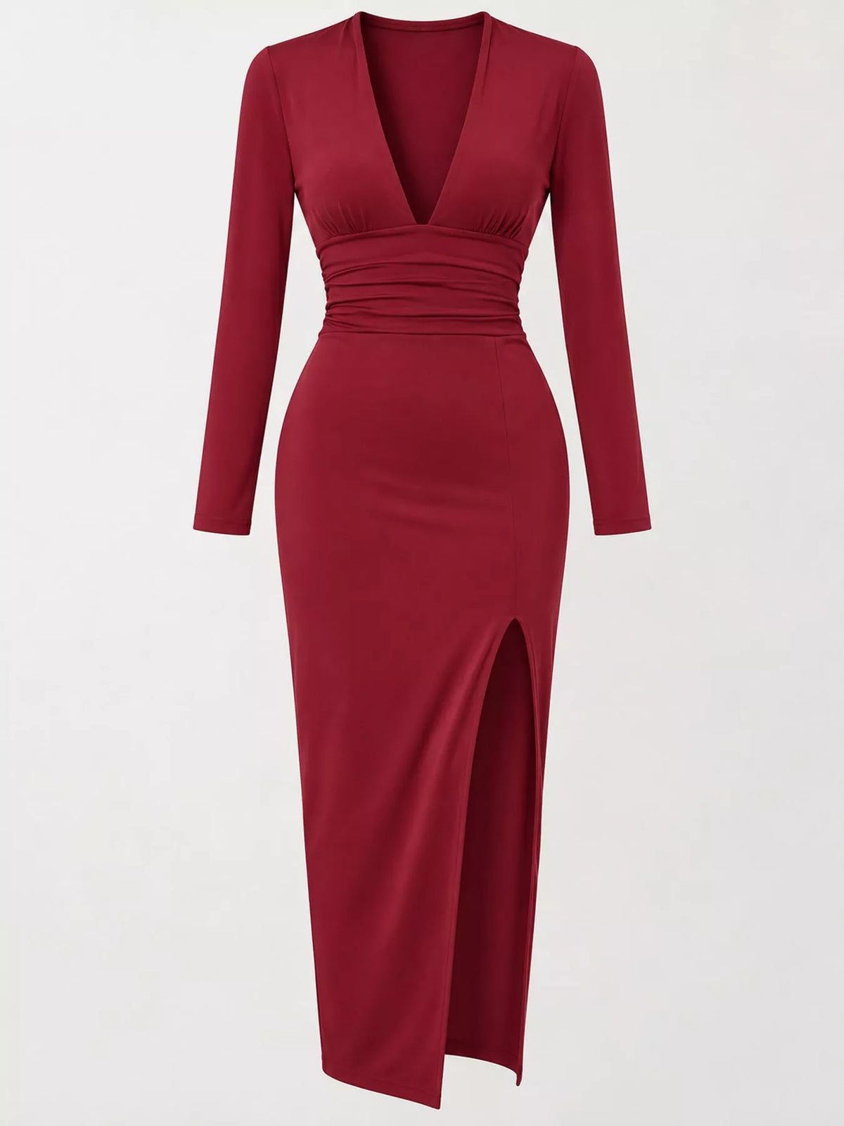 Long-Sleeve Plunge Ruched High-Slit Midi Dress