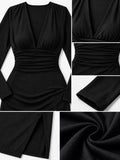 Long-Sleeve Plunge Ruched High-Slit Midi Dress