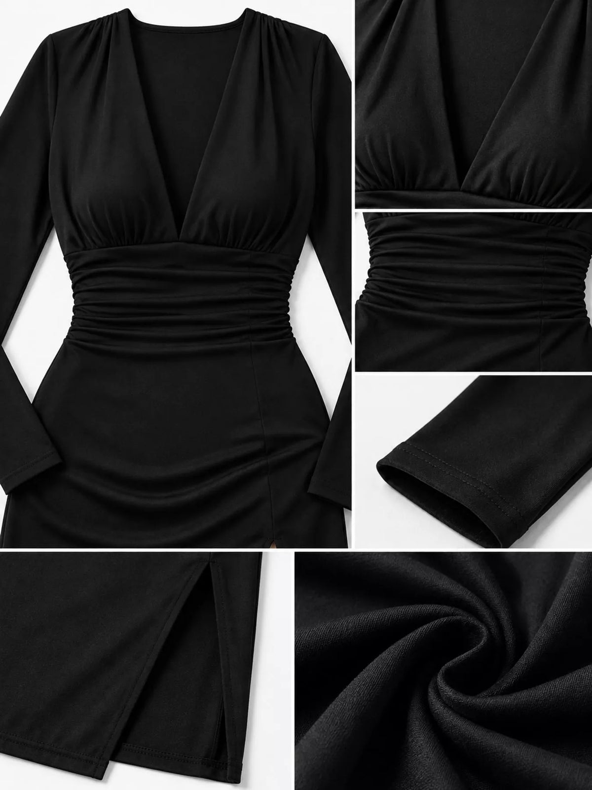 Long-Sleeve Plunge Ruched High-Slit Midi Dress