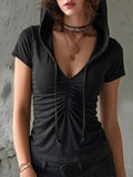 Ruched Short Sleeve Hooded T-Shirt Black / S