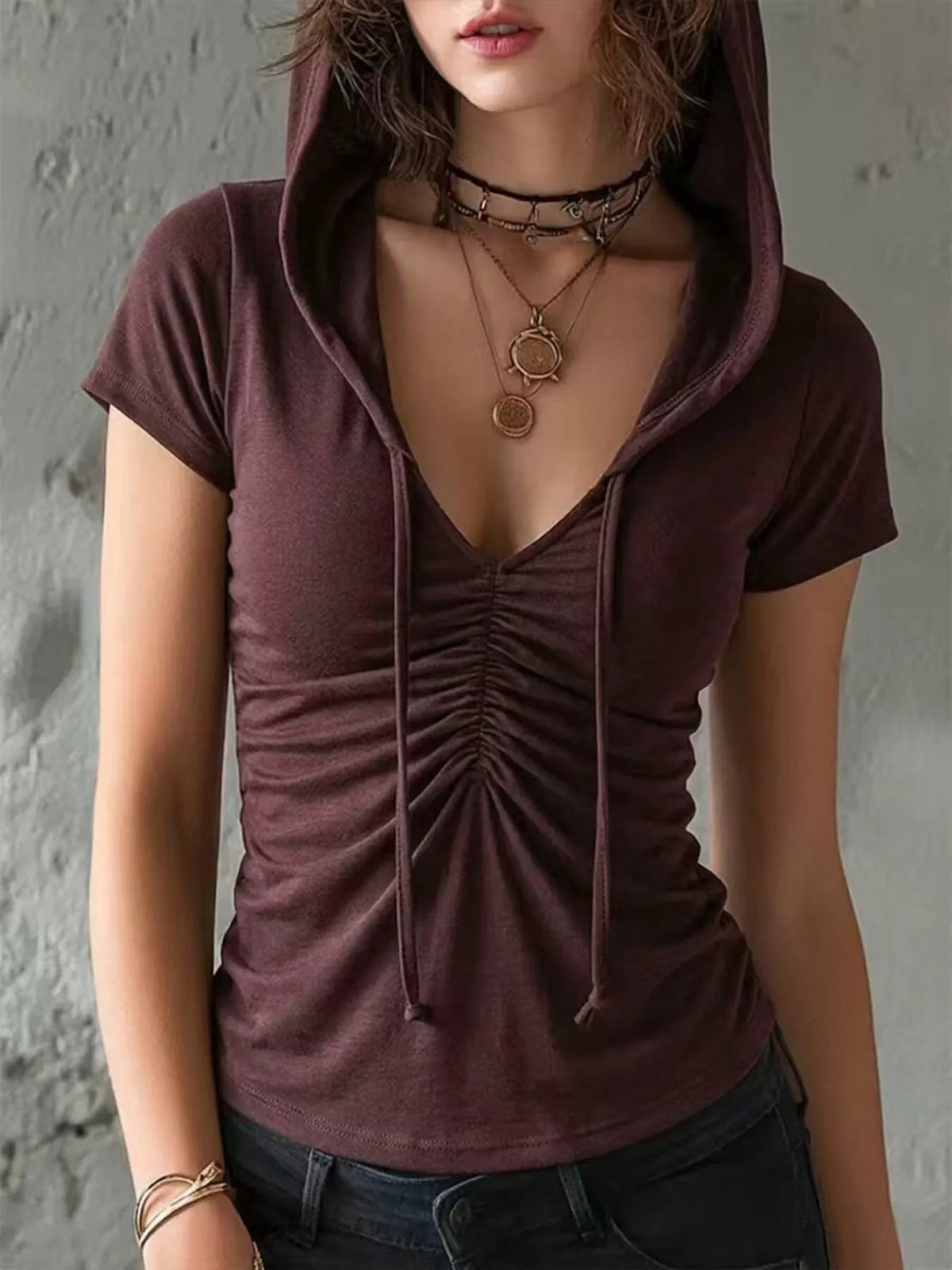 Ruched Short Sleeve Hooded T-Shirt Brown / S