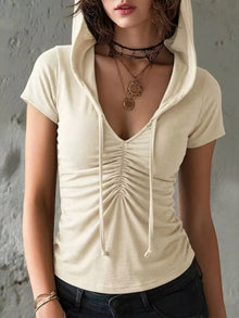 Ruched Drawstring Short Sleeve Hooded T-Shirt