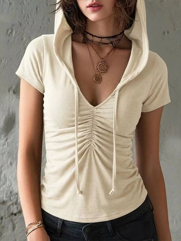 Ruched Short Sleeve Hooded T-Shirt Cream / S
