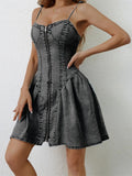 Ruched Zip-Up Spaghetti-Strap Denim Dress - product view 7