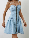 Ruched Zip-Up Spaghetti-Strap Denim Dress - product view 3