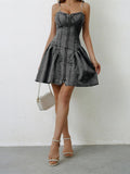 Ruched Zip-Up Spaghetti-Strap Denim Dress - product view 8