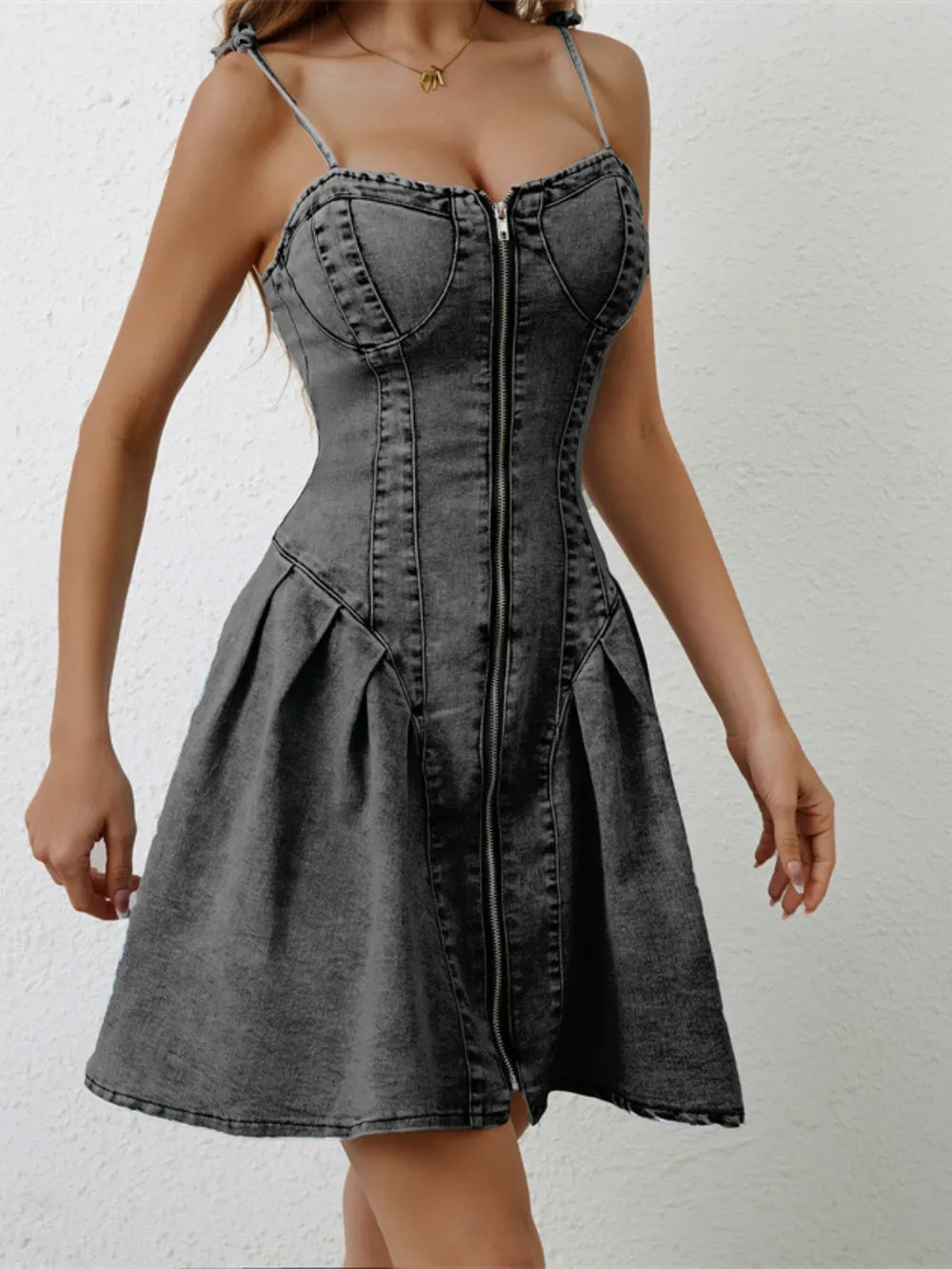 Ruched Zip-Up Spaghetti-Strap Denim Dress - product view 6