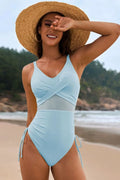 Drawstring Ruched V-Neck One-Piece Swimwear Pastel  Blue / S