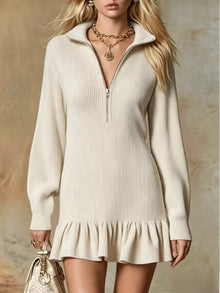 Ribbed Half-Zip Ruffle-Hem Dress