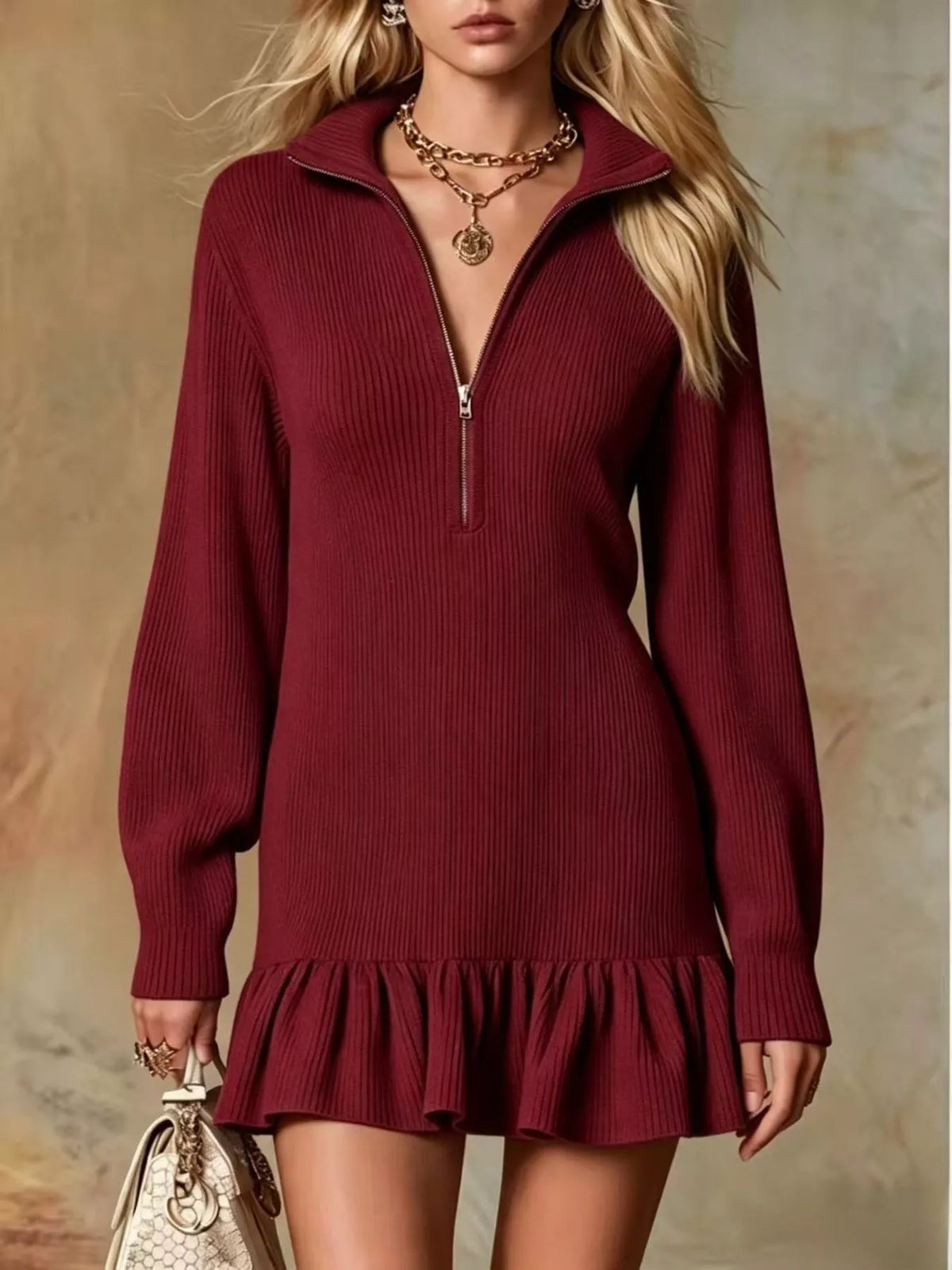 Ruffle Hem Half Zip Dress Burgundy / S