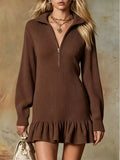 Ruffle Hem Half Zip Dress Dark Brown / S